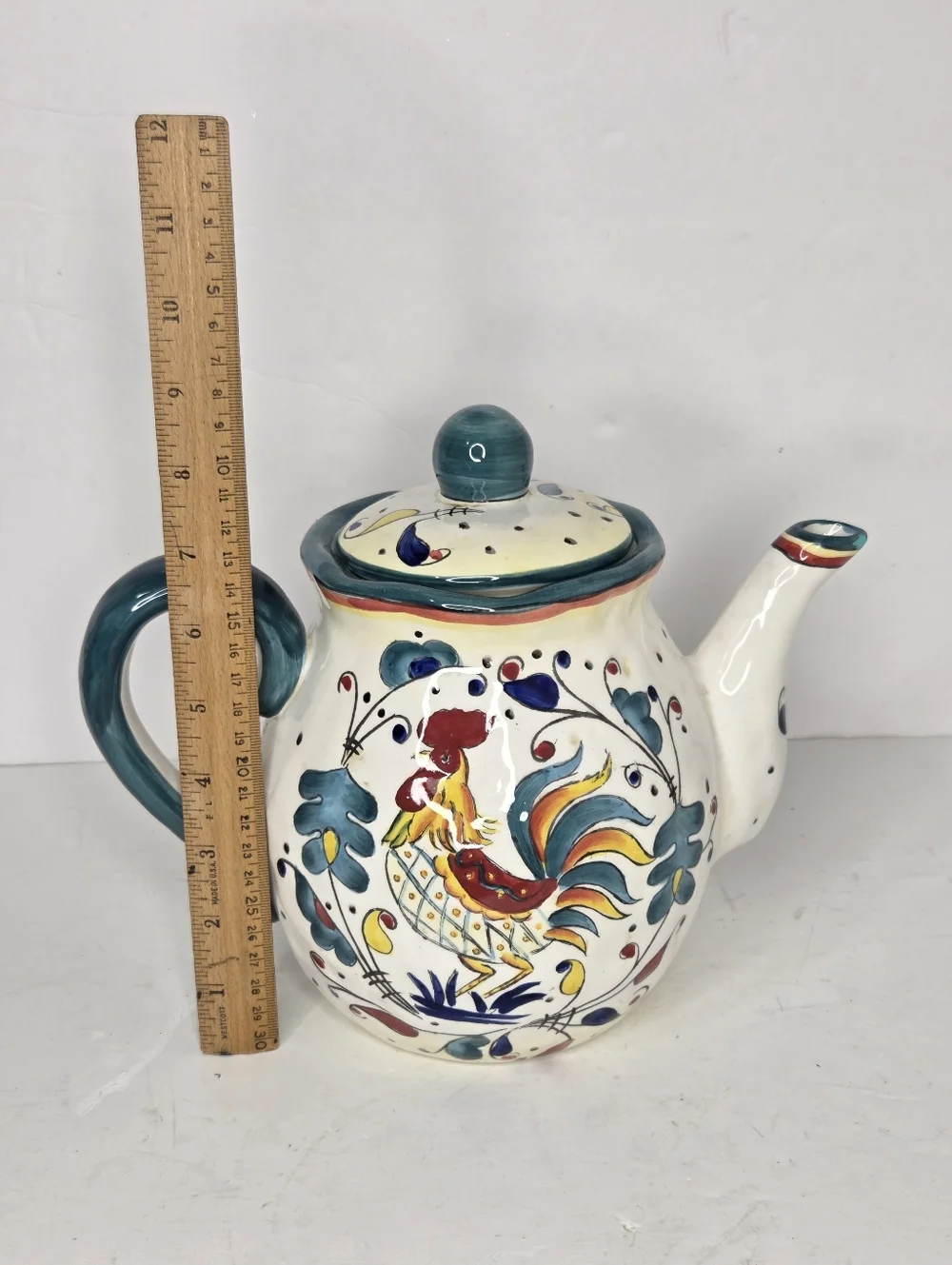 Italian Deruta Teal Pottery Teapot Hand Painted Rooster‎ Ceramic Country